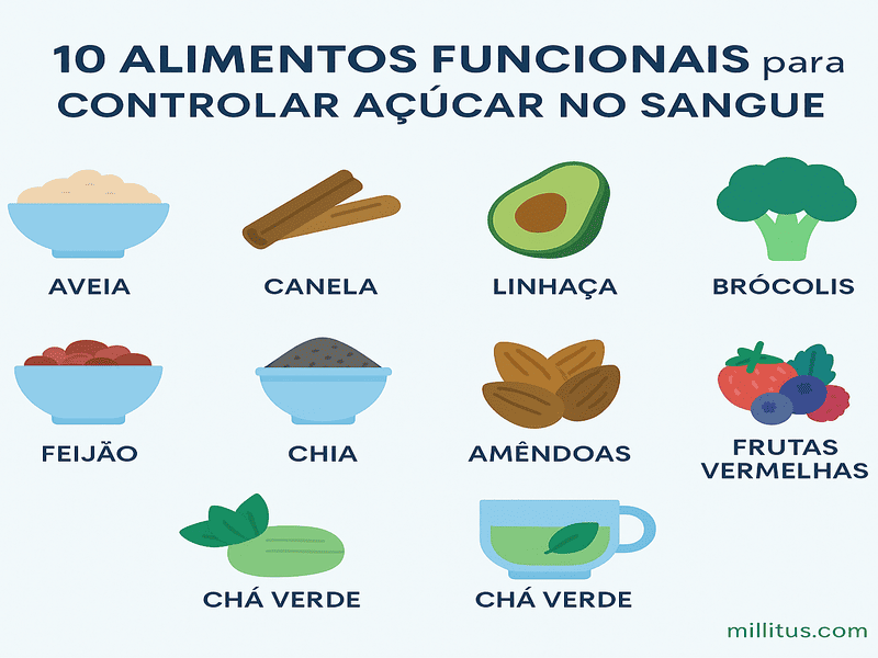 10 Alimentos que baixam glicose naturalmente 1 Infográfico com 10 alimentos que baixam glicose, incluindo aveia, canela, linhaça, abacate, brócolis, feijão, chia, amêndoas, frutas vermelhas e chá verde.