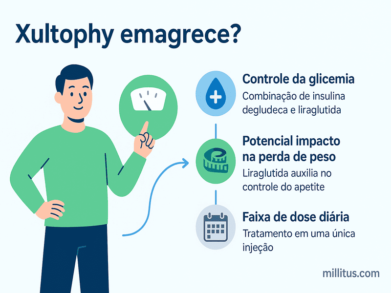 Xultophy emagrece? Guia completo para iniciantes 3 Infográfico sobre se o Xultophy emagrece, destacando controle da glicemia, impacto na perda de peso e dose diária em tratamento da diabetes tipo 2.