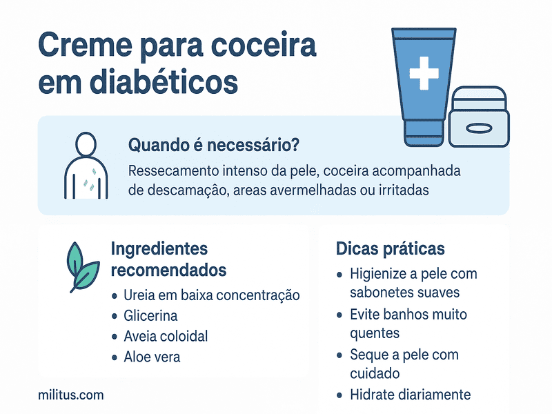Creme para coceira em diabéticos: cuidados e recomendações 4 Infográfico sobre creme para coceira em diabéticos com dicas práticas de cuidados com a pele e ingredientes recomendados.