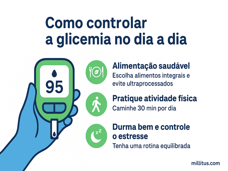 Como controlar a glicemia no dia a dia 3 Infográfico sobre como controlar a glicemia no dia a dia com dicas de alimentação saudável, prática de atividade física e controle do estresse.