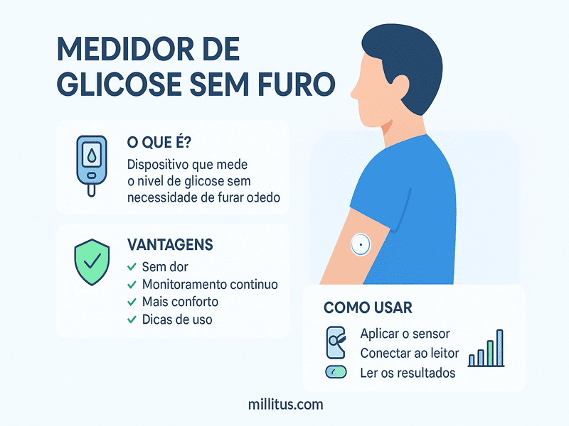 Medidor de glicose sem furo: Vantagens e dicas de uso 1 Infográfico sobre medidor de glicose sem furo mostrando sensor aplicado na parte de trás do braço, vantagens, modelos e como usar.
