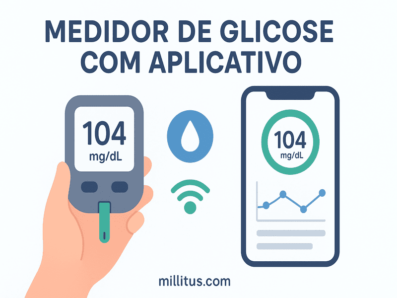 Medidor de glicose com aplicativo conectados à saúde digital 4 Infográfico ilustrando medidor de glicose com aplicativo conectado à saúde digital no smartphone, monitoramento em tempo real.