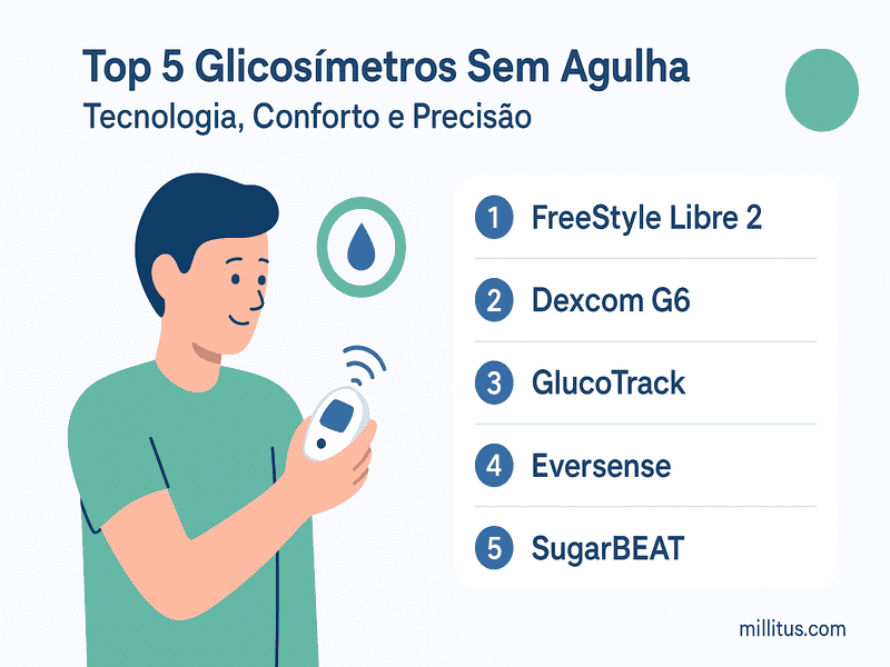 Top 5 Glicosímetro Sem Agulha Mais Inovadores do Mercado 3 Infográfico minimalista mostrando os 5 melhores glicosímetro sem agulha: FreeStyle Libre 2, Dexcom G6, GlucoTrack, Eversense e SugarBEAT.