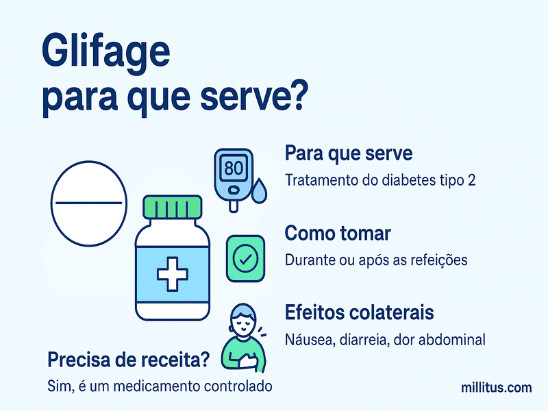Glifage para que serve: tudo sobre o uso e benefícios 1 Infográfico em estilo flat sobre o medicamento Glifage, destacando que ele é usado no tratamento do diabetes tipo 2, deve ser tomado durante ou após as refeições, requer receita médica e pode causar náusea, diarreia e dor abdominal.