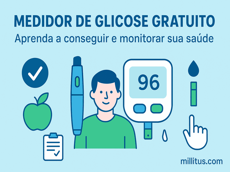 Medidor de Glicose Gratuito: 3 Dicas de Como Conseguir? 1 Infográfico horizontal em estilo flat design com tons de azul, verde e branco, ilustrando um medidor de glicose gratuito, ícones de saúde e um paciente sorridente, simbolizando o controle da diabetes e o cuidado com a saúde.